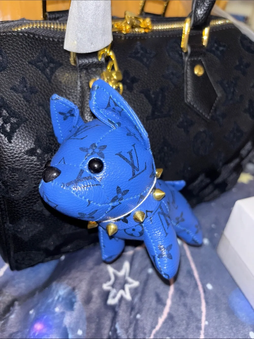 Brand New !  Blue Monogram Leather Dog Bag Charm with Gold Spikes